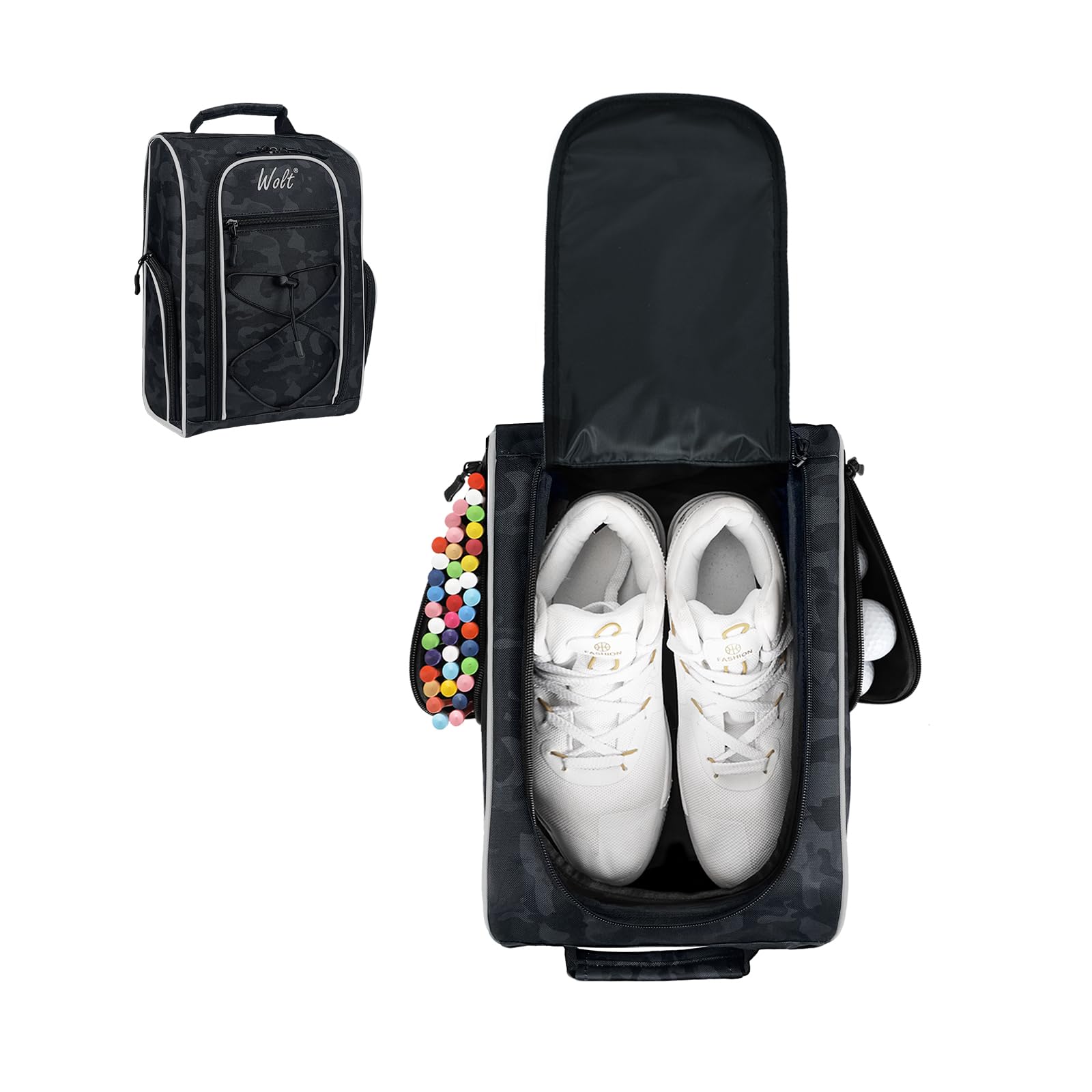 Wolt |Golf Shoe Bag for Travel- Zippered Shoes Carrier Bags with Ventilation &amp; Double Outside Accessory Pocket for Socks, Tees, Golf Balls, Etc. for Women and Men (CamoBlack)