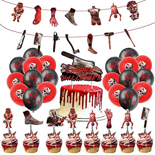 47 piezas de decoración de fiesta de Halloween, mano rota, cuerpo roto, pie roto, arma sangrienta, tema de terror, pancarta, decoración para tartas, decoración de Horrible Zombie Horro