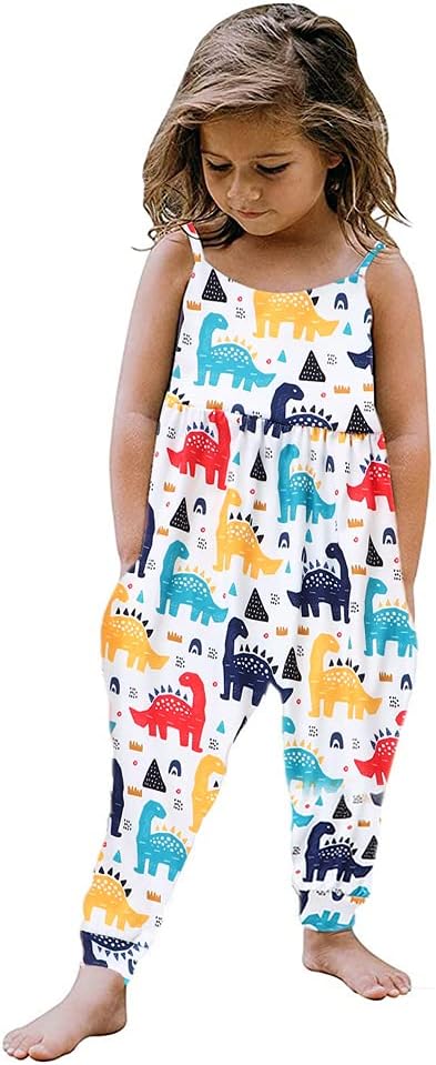 Toddler Baby Girl Jumpsuit One Piece Dinosaur Sleeveless Strap Romper Harem Pant with Pockets Summer Outfit Clothes