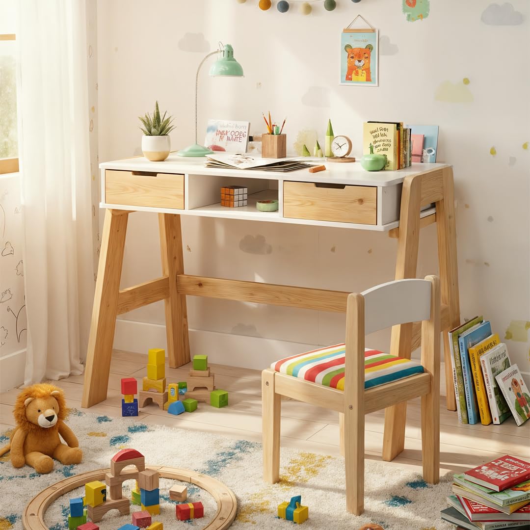 Bellabino Campo Kinderschreibtisch höhenverstellbar 56-75 cm – Schreibtisch Kinder ab 6 Jahren mit 2 Schubladen – Schülerschreibtisch mit viel Stauraum aus Massivholz Kiefer in Weiß