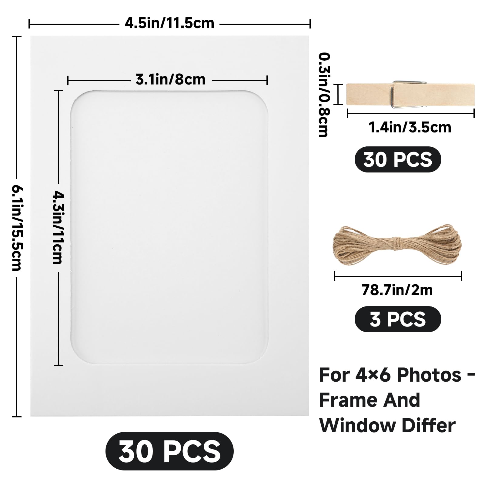 Anwyll 30 marcos de fotos de papel blanco, marcos de fotos de papel de cartón de 4 x 6 pulgadas con mini clips de madera y cuerdas de yute, soportes de fotos para colgar fotos, decoración de pared