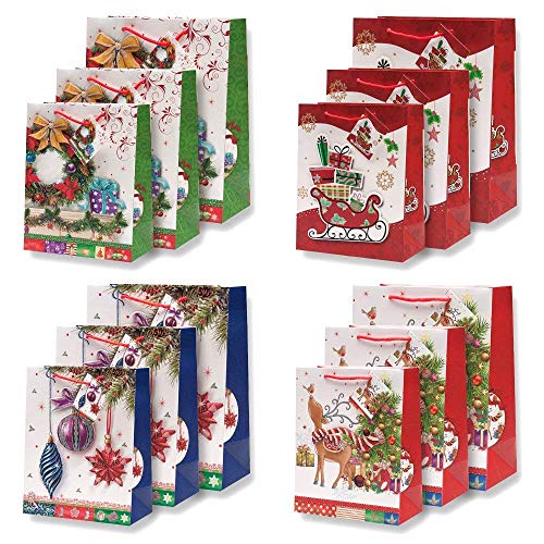 Gift Boutique Beautiful Glitter Pop Up Christmas Gift Bags with Handles and Tags in 4 Assorted Designs & 3 Sizes- Small, Medium & Large 12 Pack