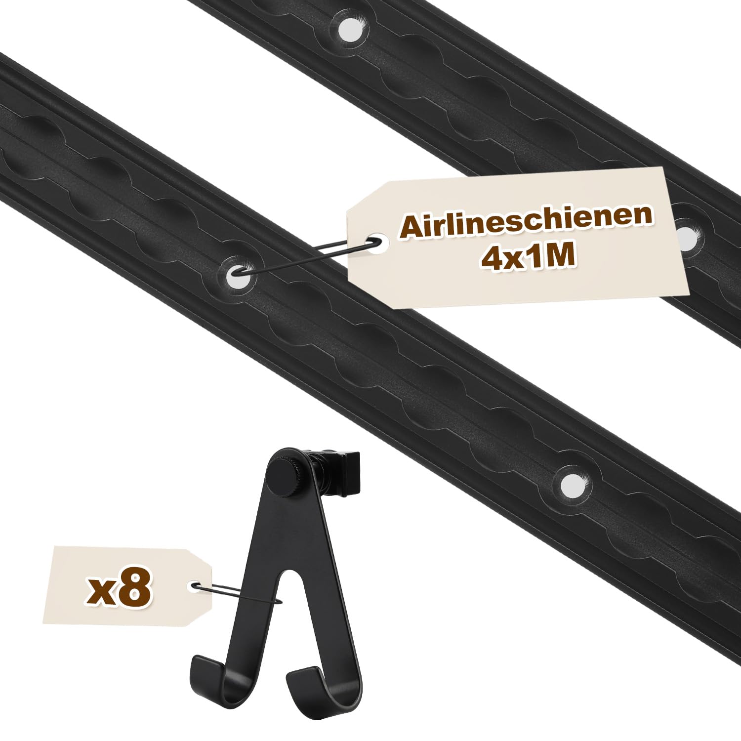 Set di Guide per Cinghia di Carico in Alluminio 8X 1M, Guide di Fissaggio in Alluminio con 8 Ganci Doppi, Nero, Guide per Cinghia di Carico con Anello, per Rimorchi, Auto, Camion, Camper