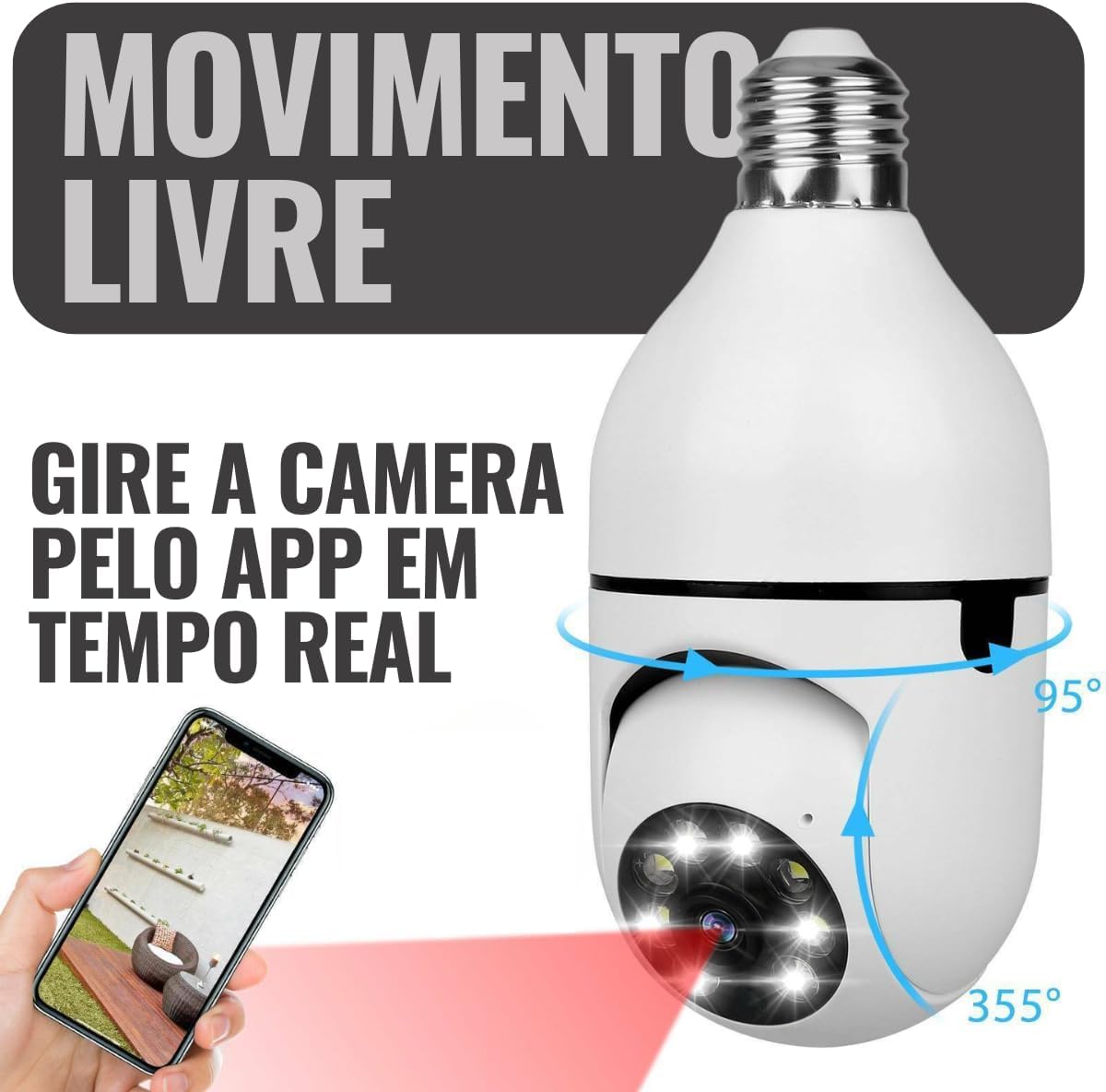 Smartphone displaying live camera feed with directional controls, showing the camera's 360-degree rotation capability.