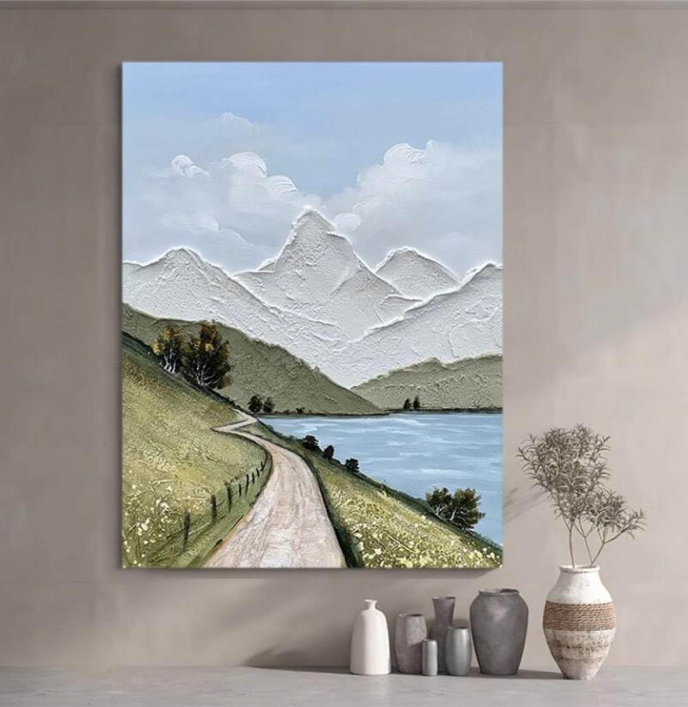 Peinture de bord de lac de vallée en tableau décoration murale grand format fait main