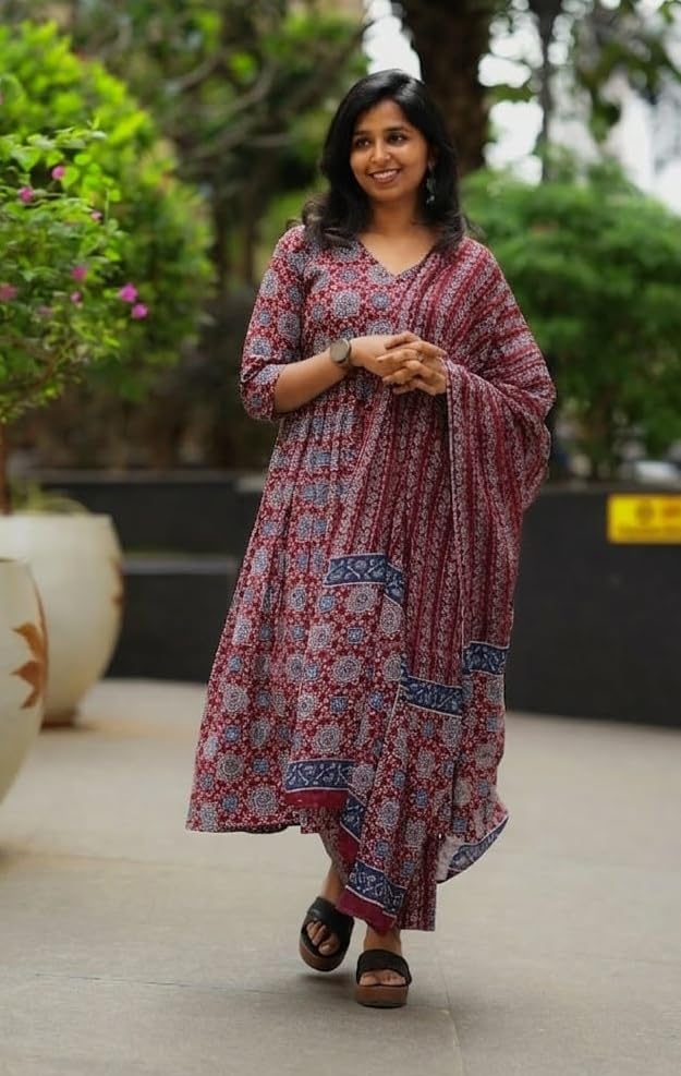 Image of Nermosa Women Printed Cotton Anarkali Kurta and Pant with Dupatta | Printed Kurta Set | Cotton Kurta Set | Summer Office Wear |