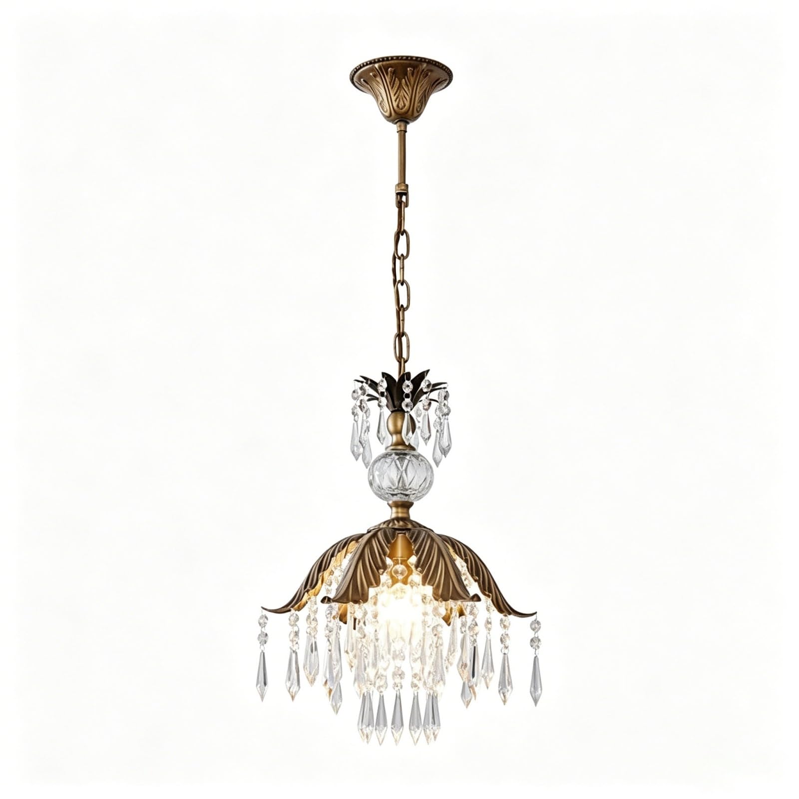 LUOYAOB French Country Crystal Mini Chandelier Antique Brass Pendant Light with Pineapple Accent Crystal Prisms Small Hanging Ceiling Fixture for Hallway Bedroom Foyer Entryway