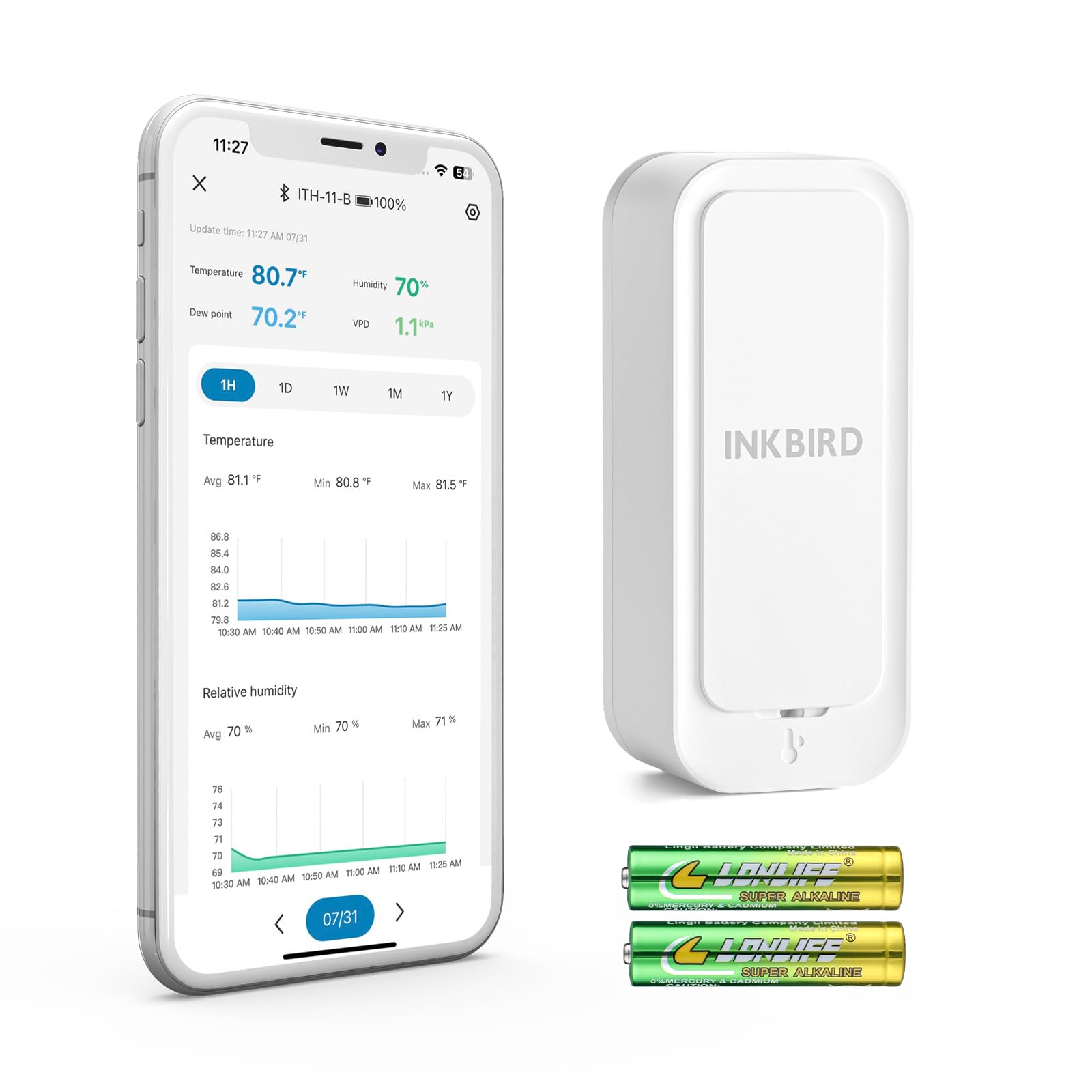 INKBIRD ITH-11-B Indoor Outdoor Thermometer Hygrometer Mini Bluetooth Refrigerator Thermometer IP65 Waterproof with APP Notification Alert 2 Years Free Data Storage Export
