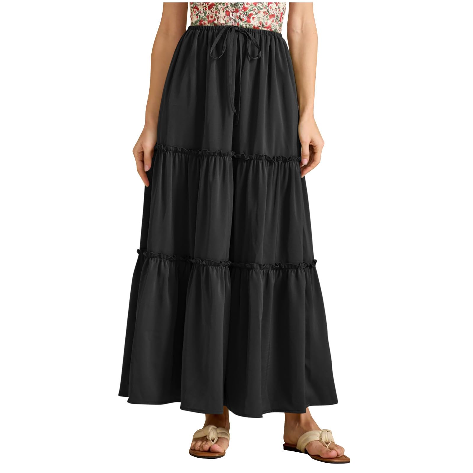 High Waist Tiered Skirts for Womens Summer Fashion Flowy Swing Pleated Beach Long Skirt Below Knee 2025 Trendy Skirt Black