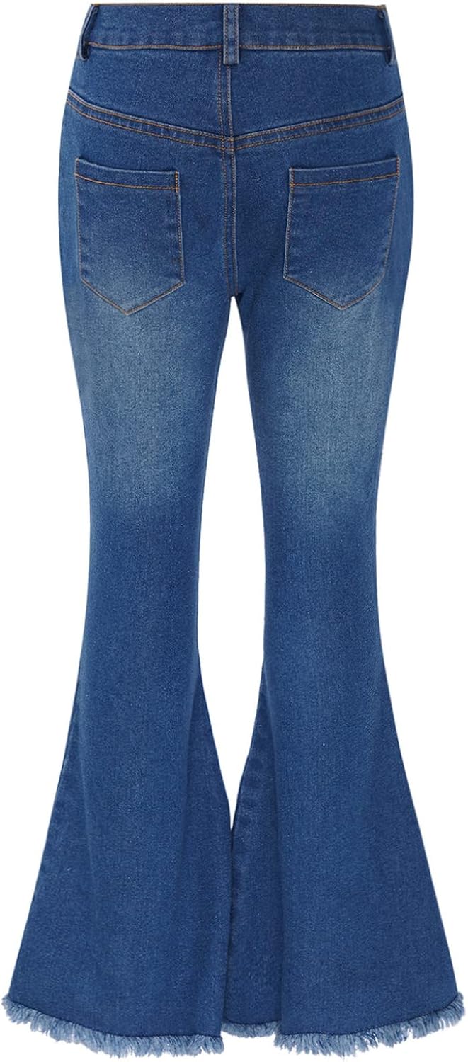 JanJean Kids Girls Elastic Waist Slim Fit Bell Bottom Denim Pants Casual Distressed Ripped Stretch Skinny Flare Jeans