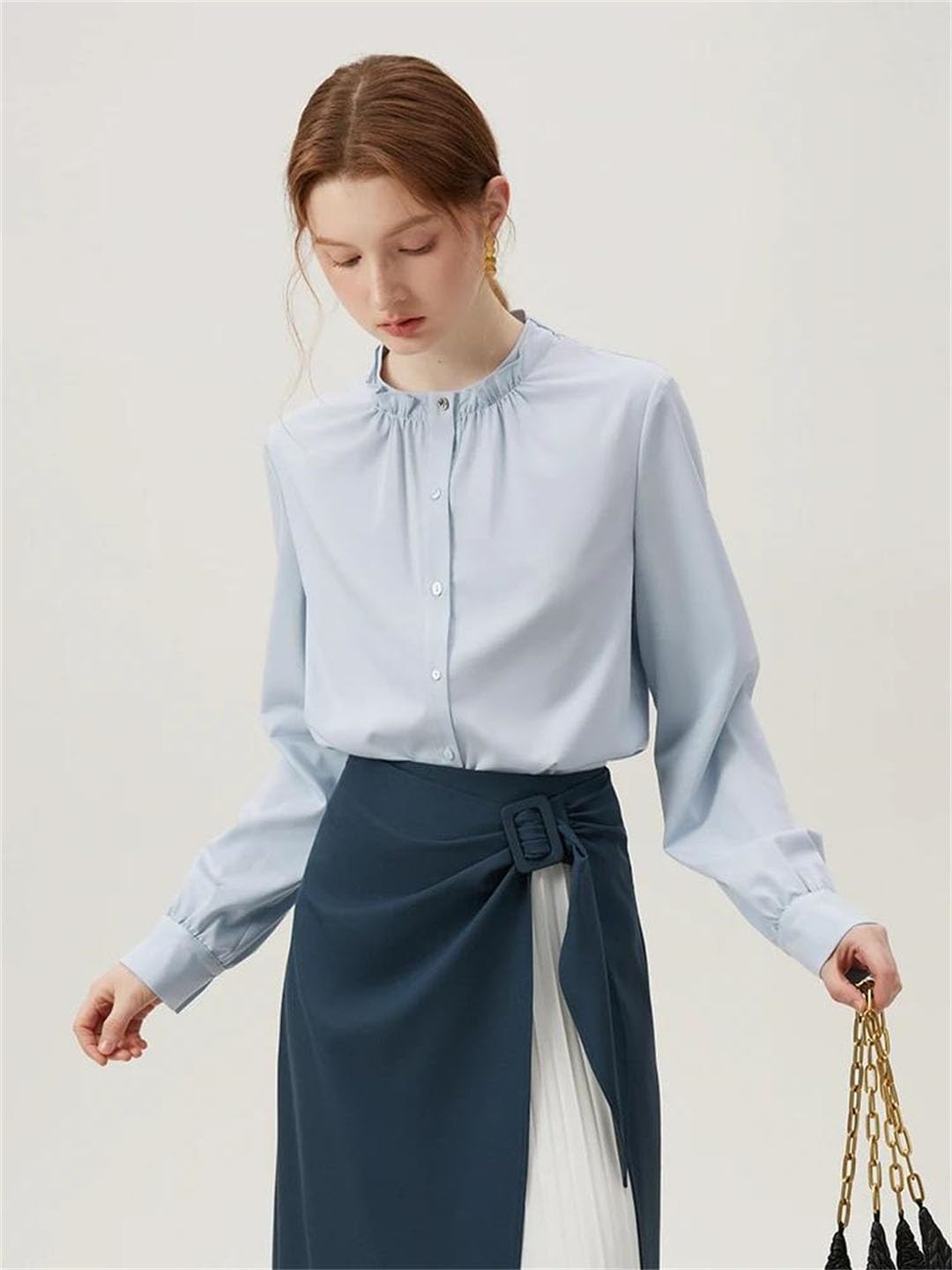 Blusa de manga larga con cuello de pétalo para mujer, diseño de cuello alto, camisa de oficina