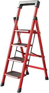 Red 4-Step Ladder Home Folding Ladder Thickened Carbon Steel Herringbone Ladder Telescopic Ladder Indoor Ladder Strong Load-Bearing Folding Storage Load-Bearing 250kg