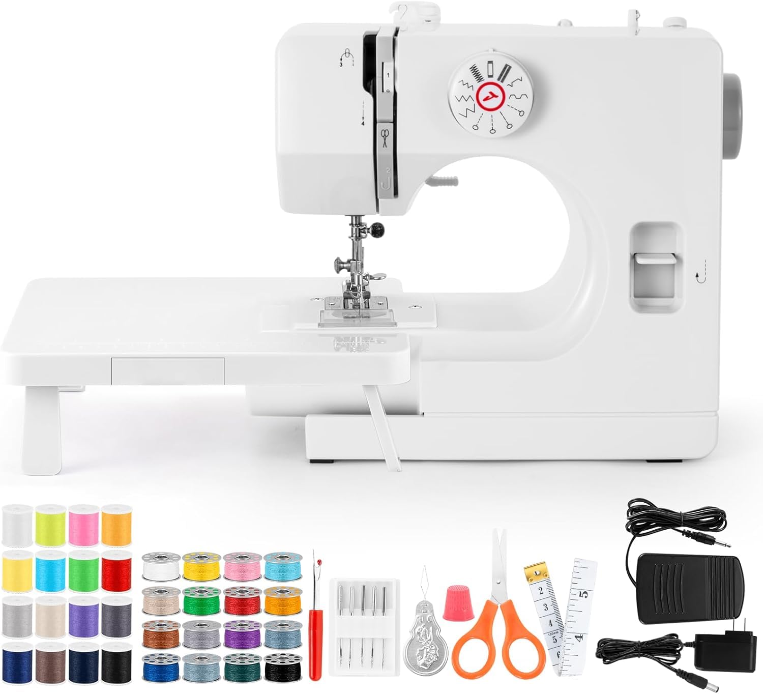 Macchina da cucire meccanica per principianti e principianti, 12 programmi di cucitura, braccio libero, luce da cucito e pedale elettrico con pedale e kit da cucito