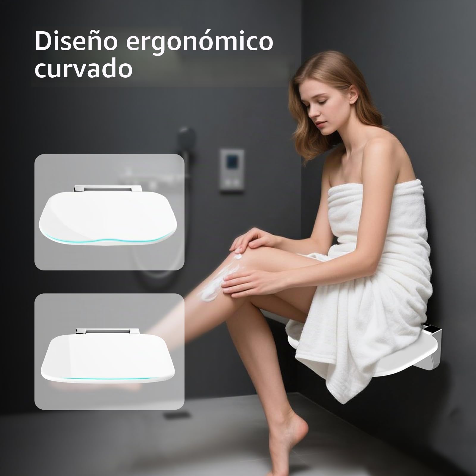 Asiento de Ducha Ultradelgado Ergonómico Plegable de Pared - 180kg Capacidad Antideslizante, para Adultos Mayores y Discapacitados, Blanco