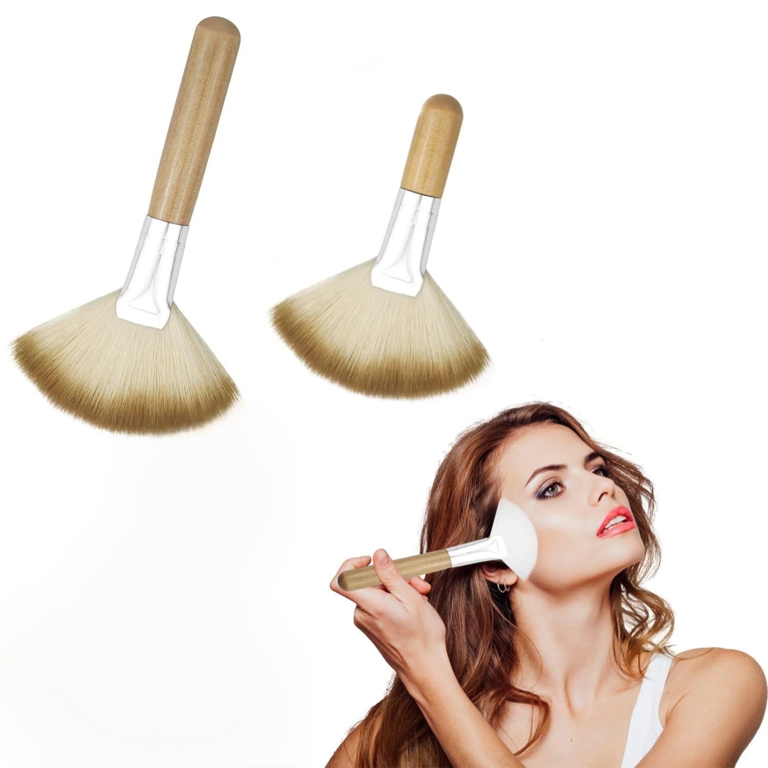 2 Pack Fan Brushes for Women Face Soft Bristle Highlighting Blush Brush with Long Handle Facial Applicator Brushes Face Makeup Tools for Loose Powder Highlighting Blush Makeup Brushes & Tools
