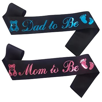 Mom to Be & Dad to Be Sash Set, Black Satin with Pink and Blue, 2PCS