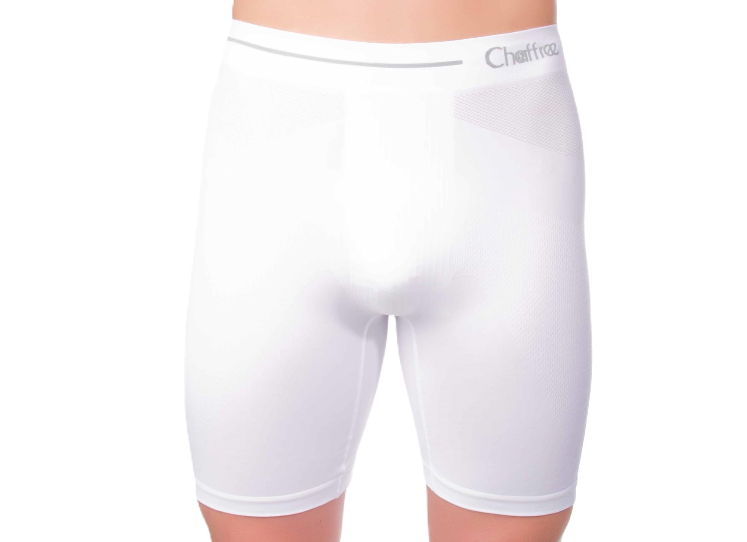 Chaffree Men's Arctic (White) Coolmax Anti Chafing Long Leg Boxer Shorts Seamless, Anti Bacterial Breathable Moisture Sweat Control, Quick Dry Sports Fitness Underwear Briefs, 1 Pair (Sm; Leg- Long, Arctic White)