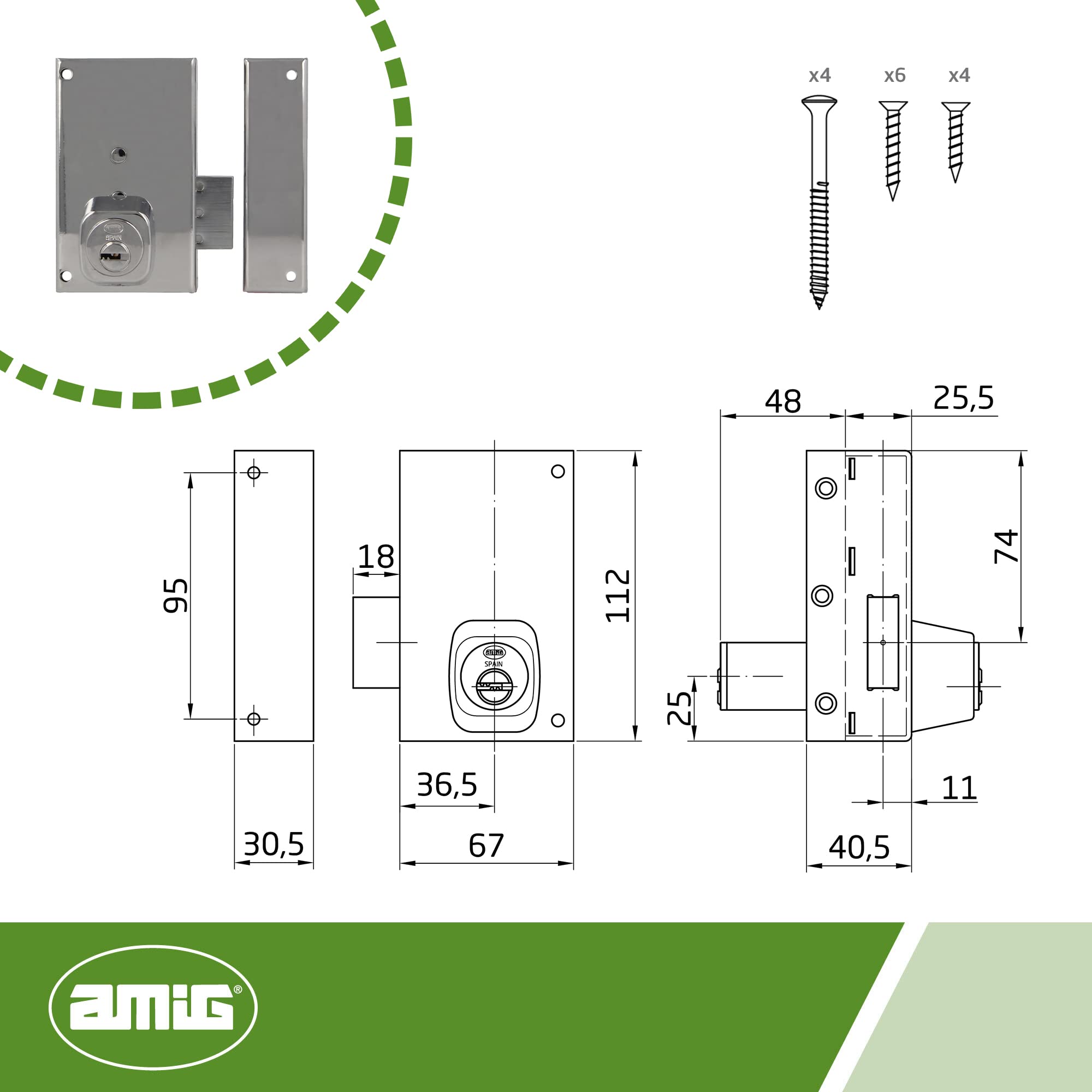 Amig - Verrou de sécurité avec levier de fermeture et languette pour portes en bois Mod. 75P