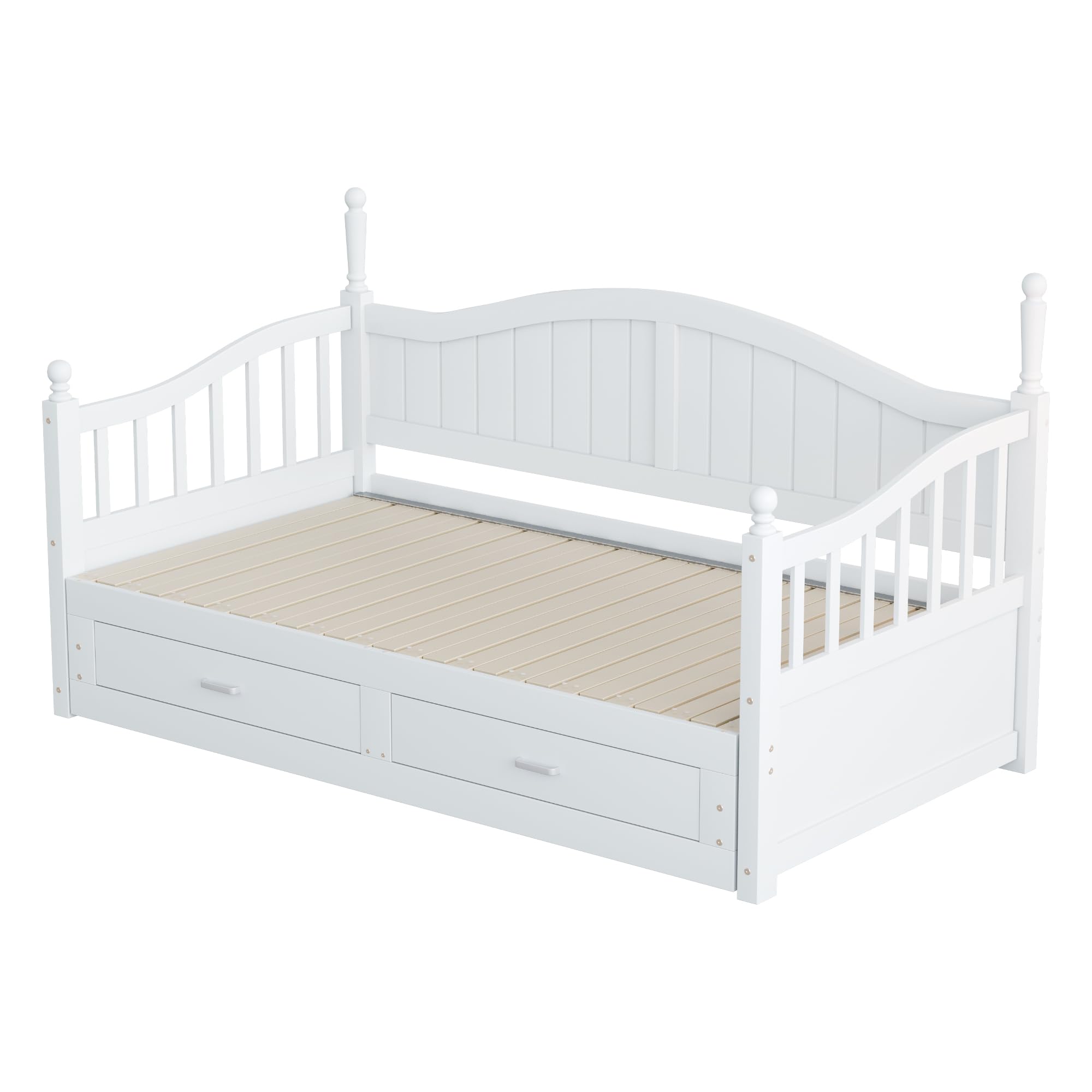 Kebnor Sofá cama extensible de madera maciza 90/180 x 190 cm, con columnas romanas, con respaldo y reposabrazos curvados, con cajones y somier (blanco)