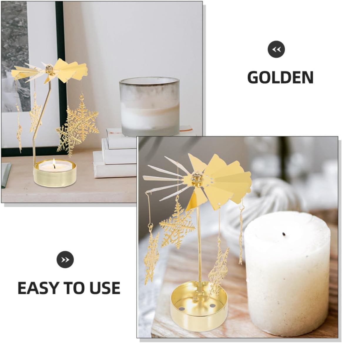 CRAFTHROU Golden Iron Carousel Candle Holders for Christmas Holiday Table Centerpiece 2pcs with Spinning Rotating Effect, Elegant Metal Tealight Candle Holders and Romantic Dinner Decor