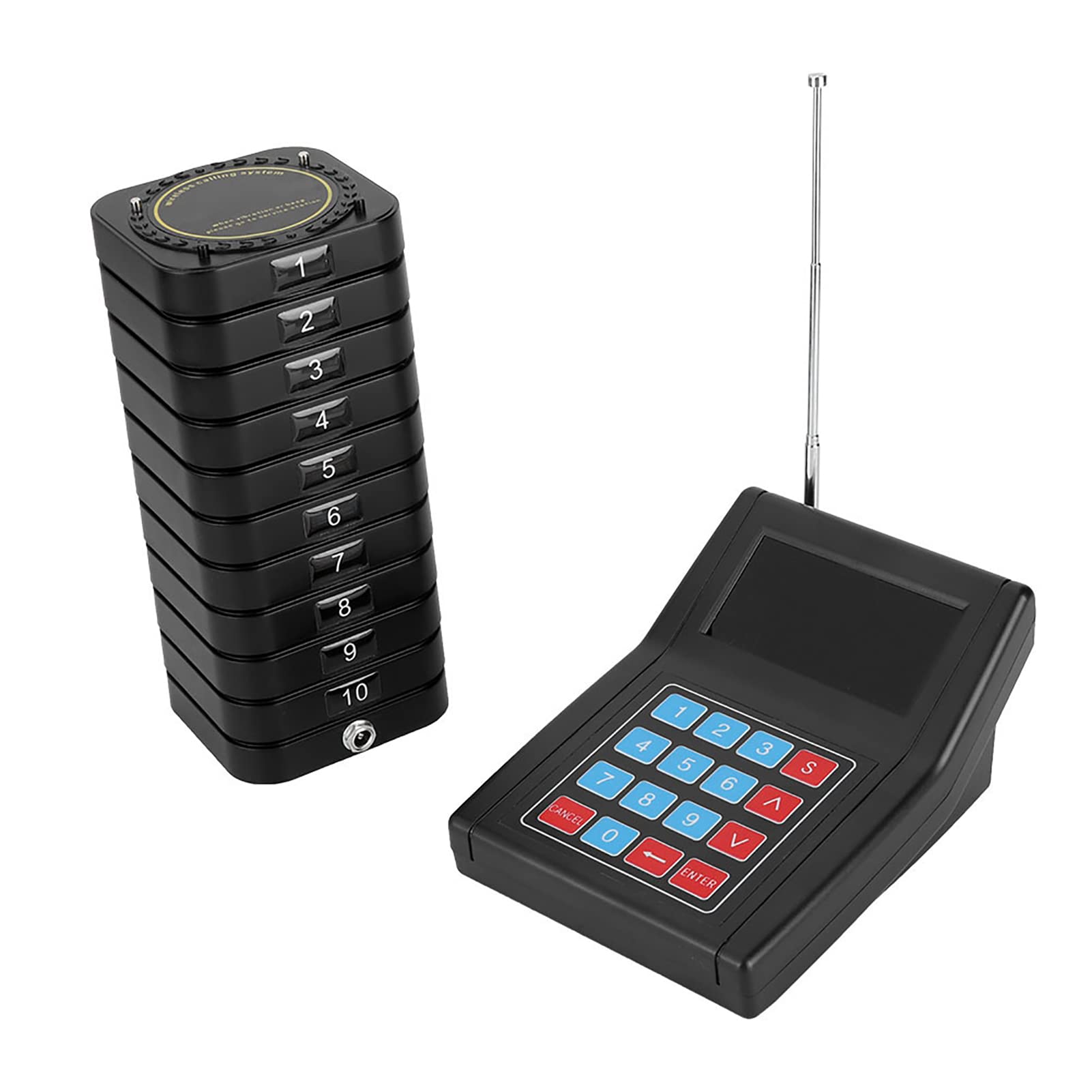 ASHATA Cercapersone Wireless con Sistema,Sistema di Chiamata Ospite Wireless Professionale, 1 Trasmettitore + 10 Ricevitori Sistema di Cercapersone Conveniente per Caffetteria, Snack Bar ECC.(EU)