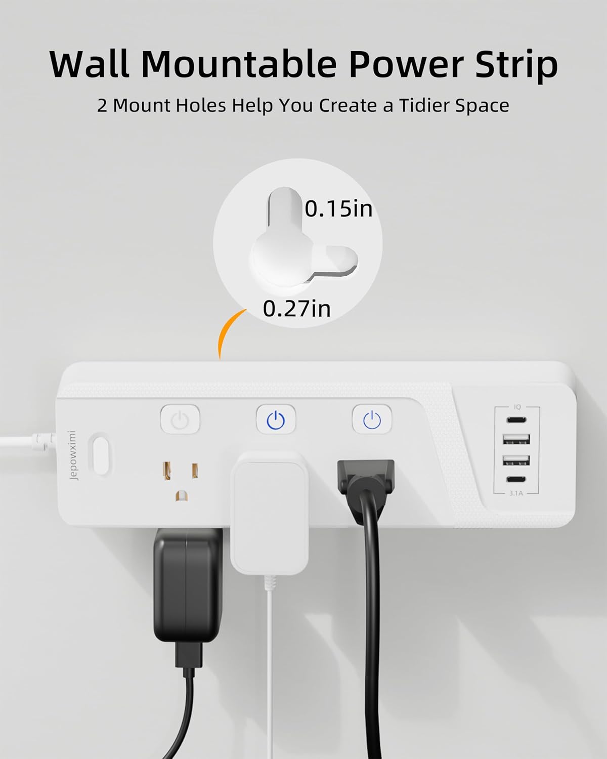 Surge Protector Power Strip with Individual Switches - 6 Wide Spaced Outlet 4 USB Ports(2 USB C), 10ft Extension Cord with Switch On/Off, 1500J, Flat Plug, Wall Mount for Home Office, White
