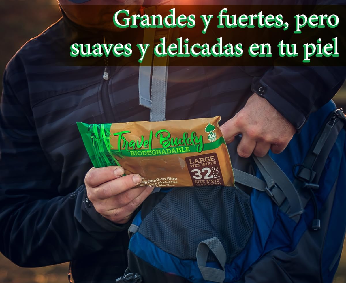 Ace Wipes Travel Buddy - Toallitas húmedas de bambú, Grandes y biodegradables, Acampar, Viajar, IR de Vacaciones, Llevar a Festivales 32 toallitas en un Paquete