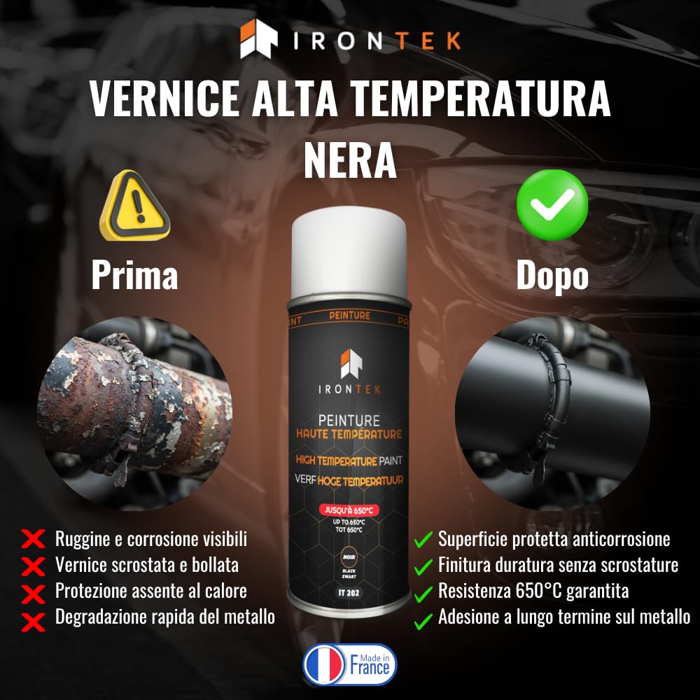 IRONTEK Vernice Alta Temperatura Spray Nero 400ml | IT202 | Resistente 650°C | Antiruggine | Marmitta Freni Motore