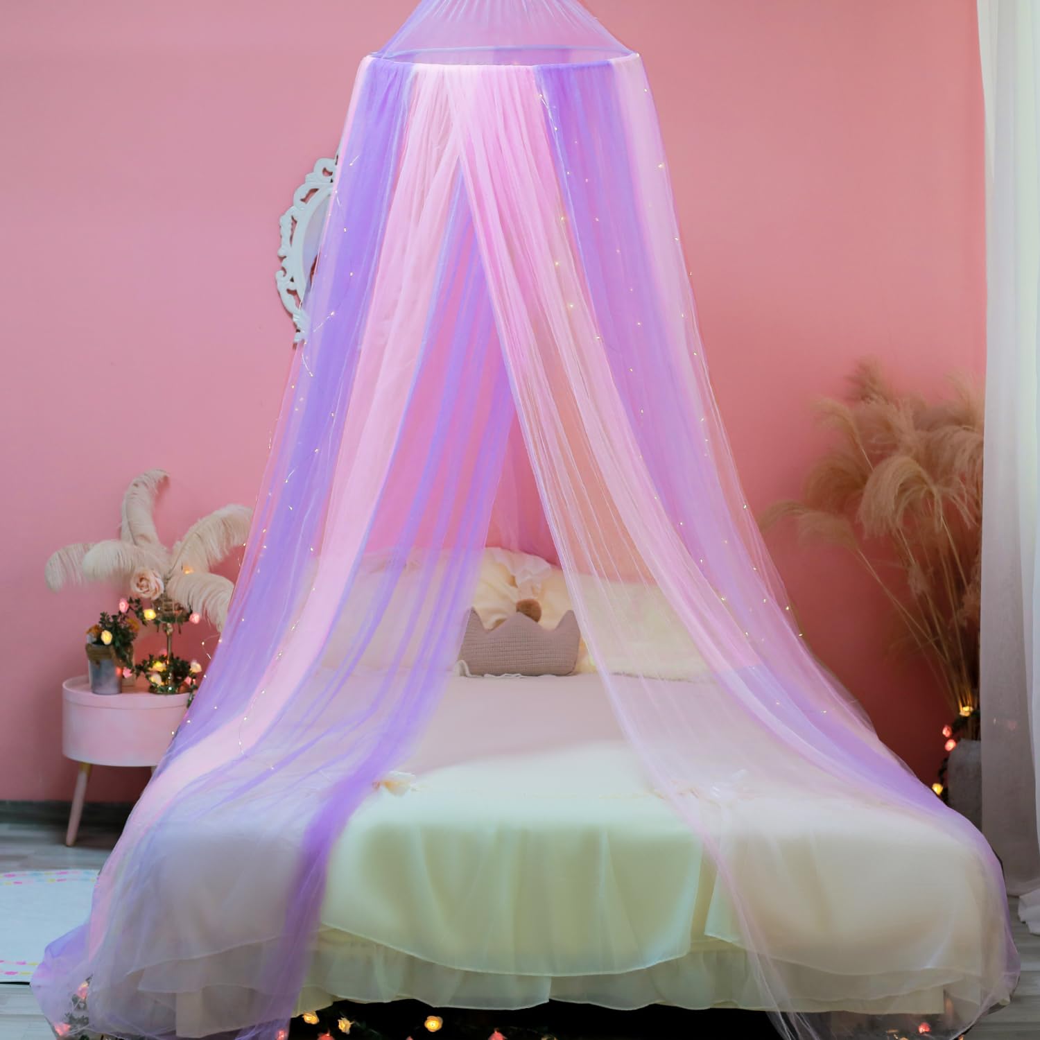 Wnqou Pink Purple Bed Canopy for Girls,Princess Hanging Netting for Kids Bed Room Decor Mosquito Net for Baby Crib Twin to King Size Bed - Image 2