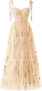 Flower Embroidered Tulle Prom Dresses Spaghetti Straps Tea Length Formal Cocktail Party Gown - Buy now
