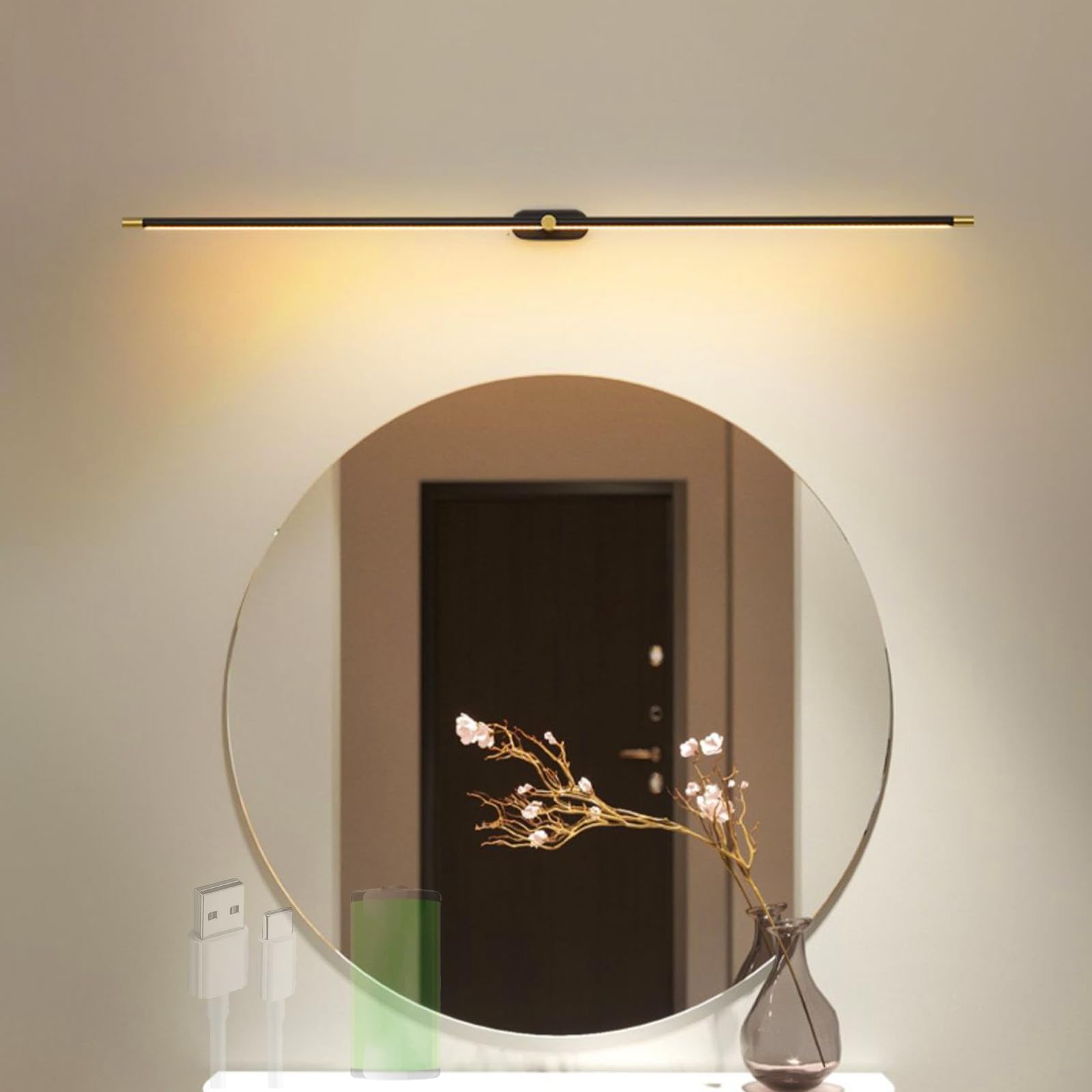 LED Rechargeable Mirror Lights Wall Lamps Battery Operated Bathroom Wall Sconce with Touch Control Modern Long Strip Wall Lights for Mirror Vanity Living Room Bedroom (Black+Gold Warm Light,128cm)