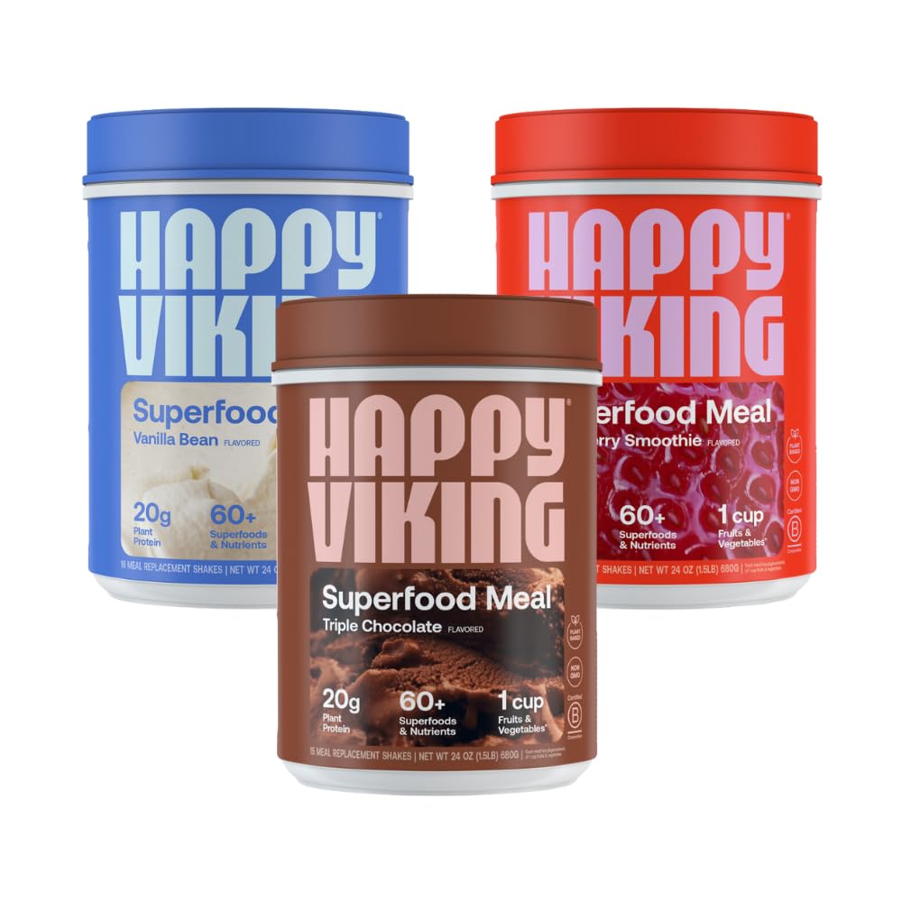 Happy Viking Chocolate, Vanilla and Strawberry Powder, by Venus Williams, 20G Protein, Low Carb, Keto, Vegan, Gluten-Free, Superfoods, Complete Meal Replacement, 3 Canisters (24 oz. Each)