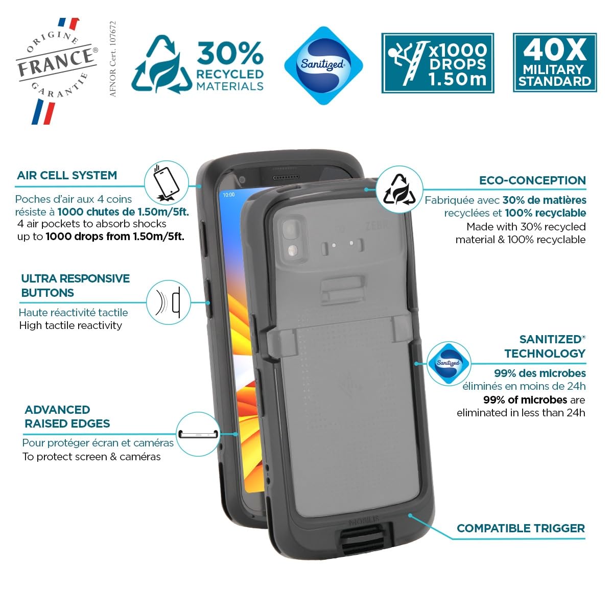 Mobilis Funda Robusta para Terminales Portátiles Zebra TC22 - TC27 - HC50 - HC20, Protección contra Caídas de Grado Militar a Prueba de Golpes, Trigger Compatible