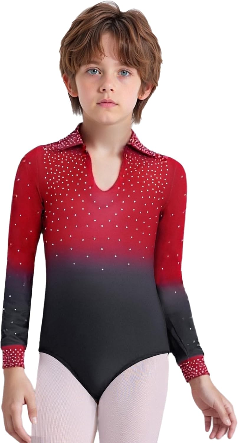 Kids Boys Ice Skating Outfit Rhinestone Gradient Dance Leotard with Bell Bottom Pants Latin Ballroom Dancewear
