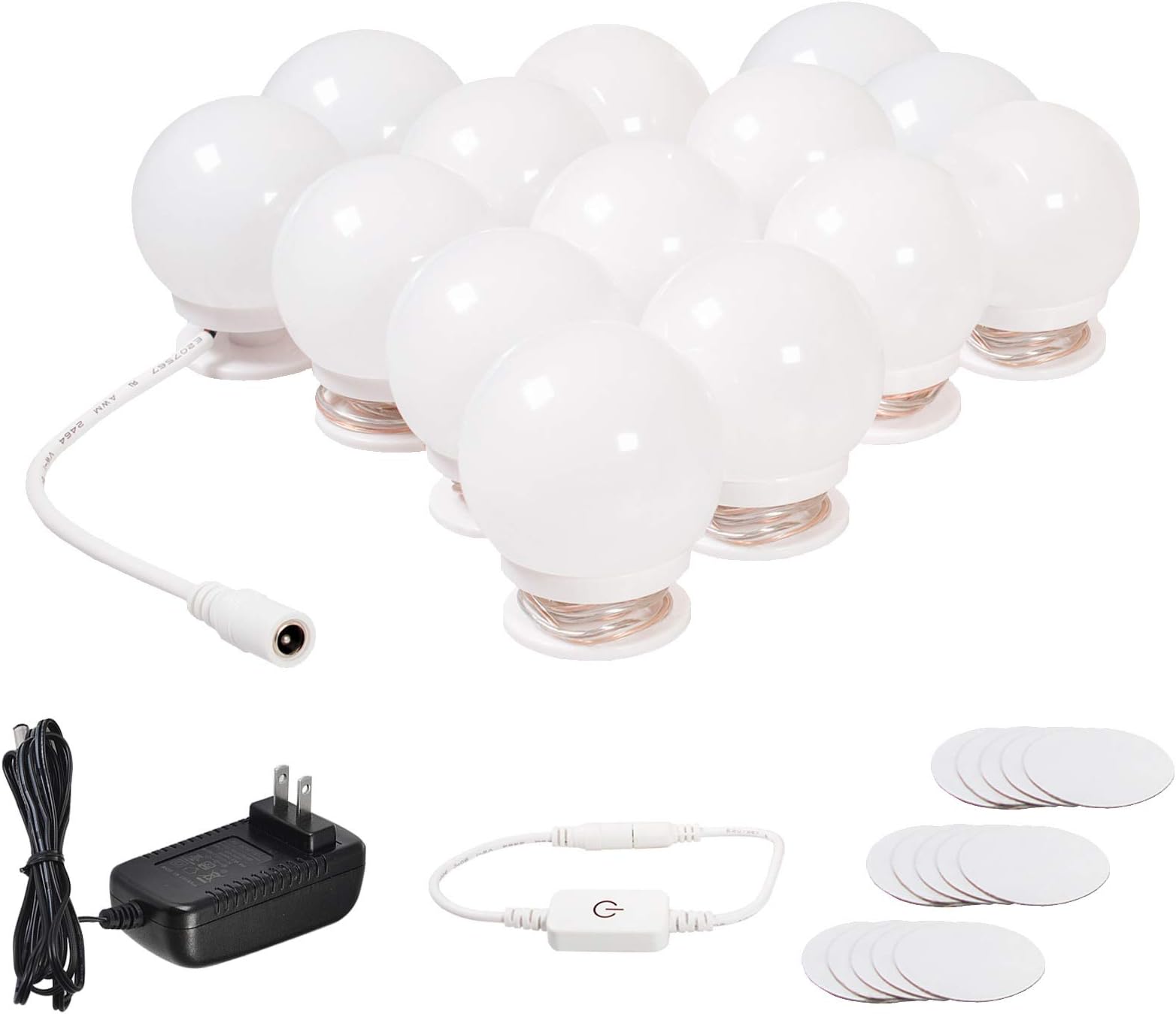 Lvyinyin 14 Vanity Lights Kit Hollywood Style Makeup Mirror LED Bulbs with Stickers Attached to Bathroom Wall or Dressing Mirrors, Touch Dimmable, Plug in UL Adapter, Daylight, Mirror Not Included
