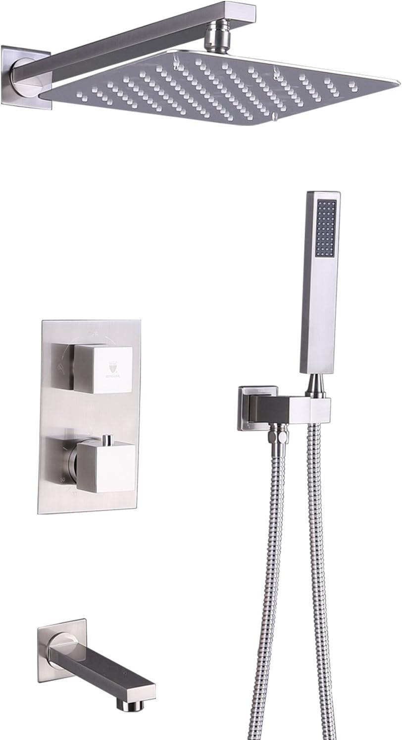 HIMARK Shower Faucet with Tub Spout and 10โ Rain Shower Head Shower System Brushed Nickel