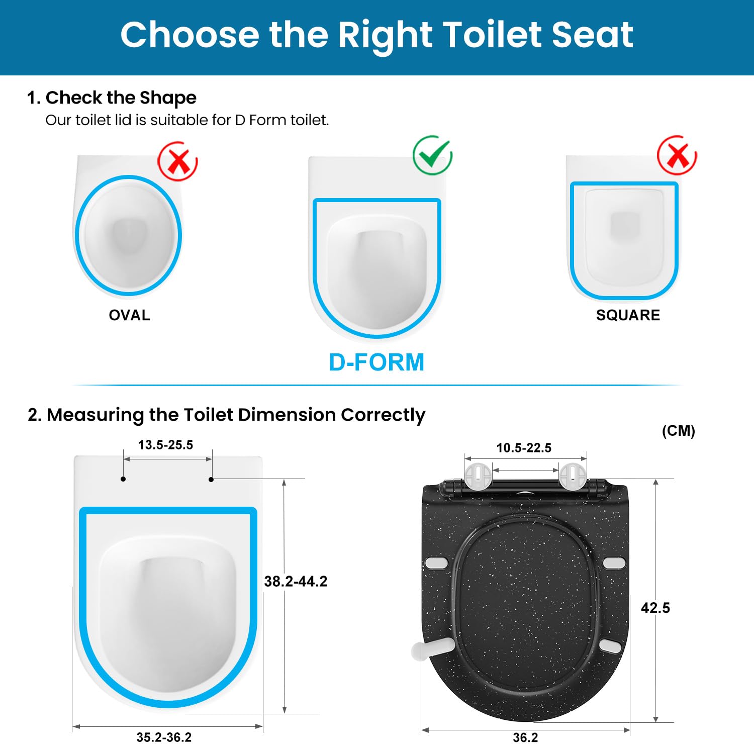 Toilettendeckel mit Absenkautomatik D Form, Slim WC Sitz [KURZ], Klodeckel Duroplast, Klobrille Softclose, WC Deckel mit Schnellverschluss, Toilettensitz Schwarz Marmor, 42.5 x 36.2CM
