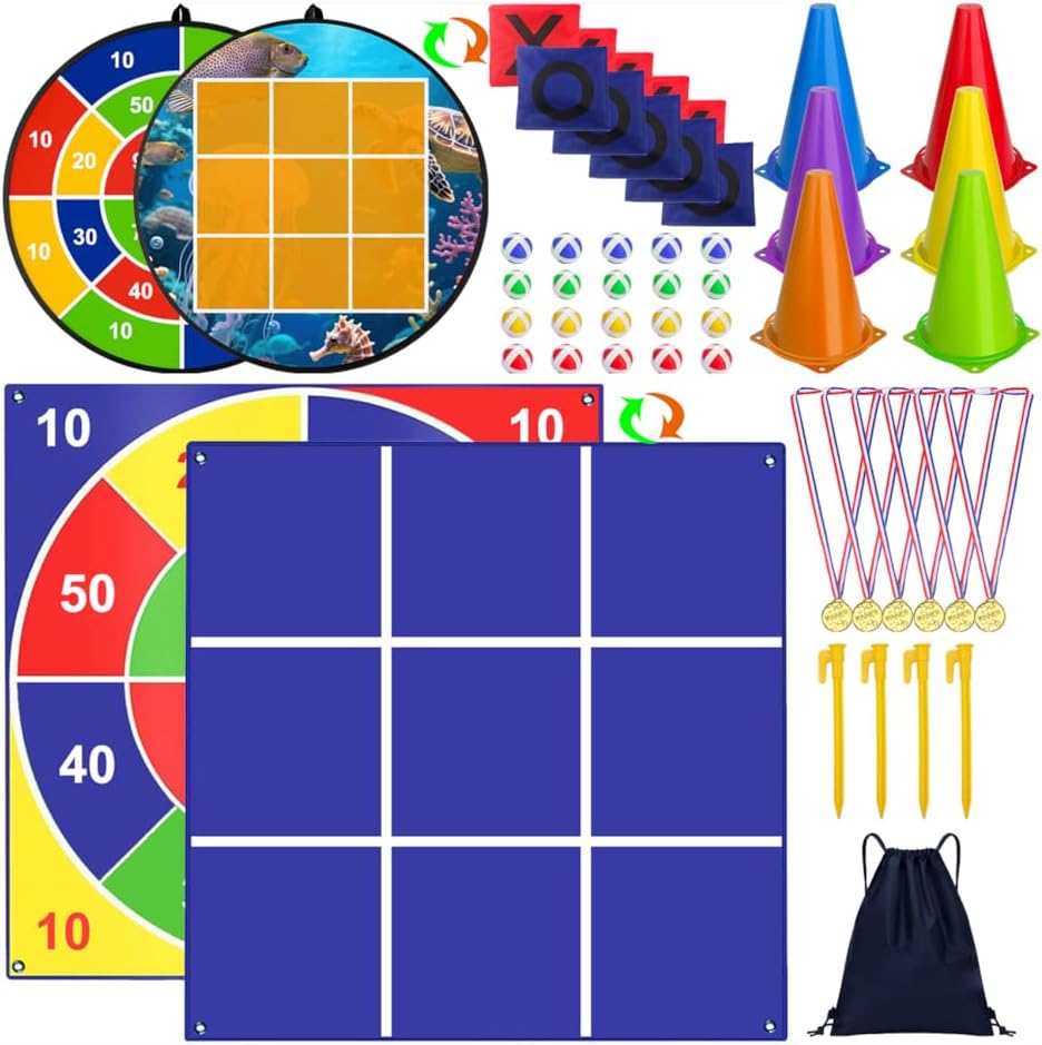 Carnival Games Set, Giant Tic Tac Toe Games Double-Sided with Bean Bag Toss Mat, 26" Dart Board with Sticky Balls, Soft Plastic Cones Ring Toss Game Set for Kids Adults Family Indoor Outdoor Yard Game