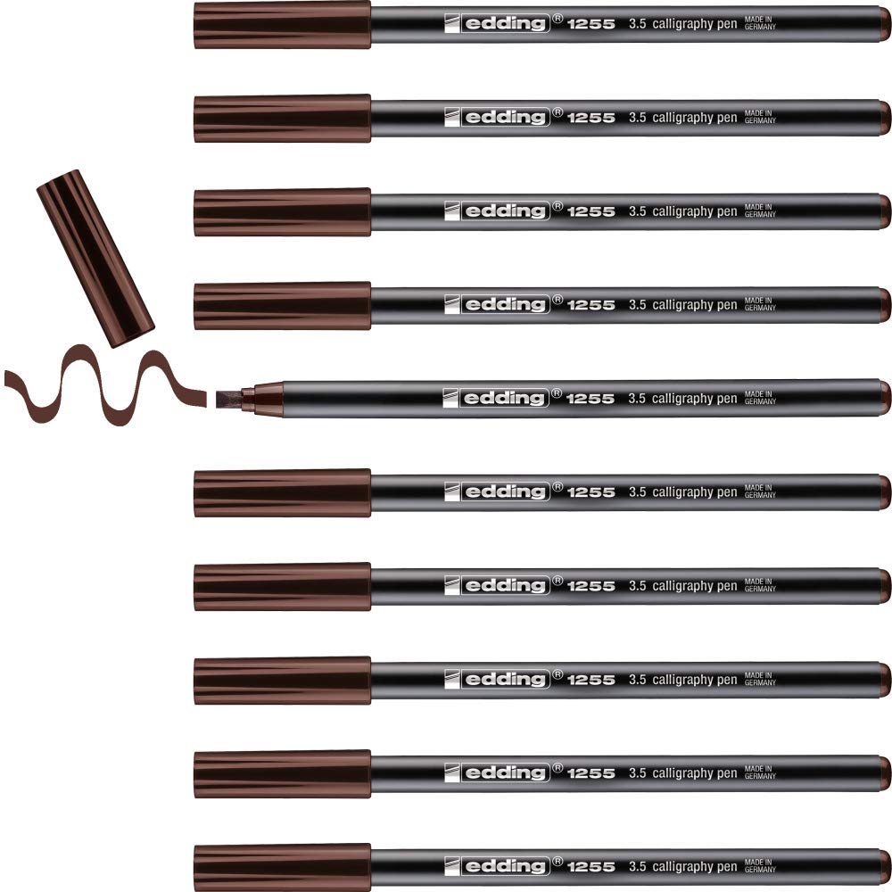 edding 1255 calligraphy pen - darkbrown - box of 10 - calligraphy nib 3.5 mm - fibre pen for paper, wood, terracotta, canvas - hand lettering, bullet journals, thank you cards, calligraphy books