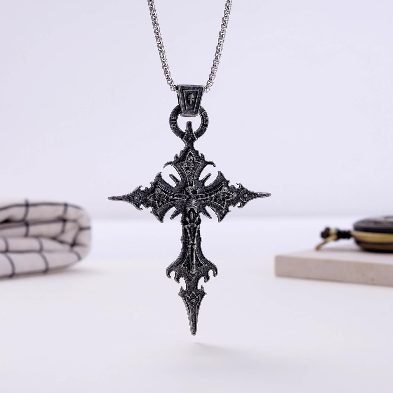 Kvekstio Vintage Gothic Skull Cross Pendant Necklace for Women Men, Halloween Party Cosplay Accessory, Punk Rock Gift, Goth Skeleton Cross Dark Religious Statement Jewelry for Christian, Birthday - Image 7