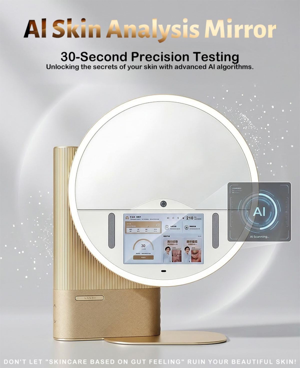 AI Smart Skin Analyzer with Voice Control, 13'' Facial Mirror, Multi-Spectral Imaging & 3-Color Light, Skin Analysis Device for Beauty & Personal Care