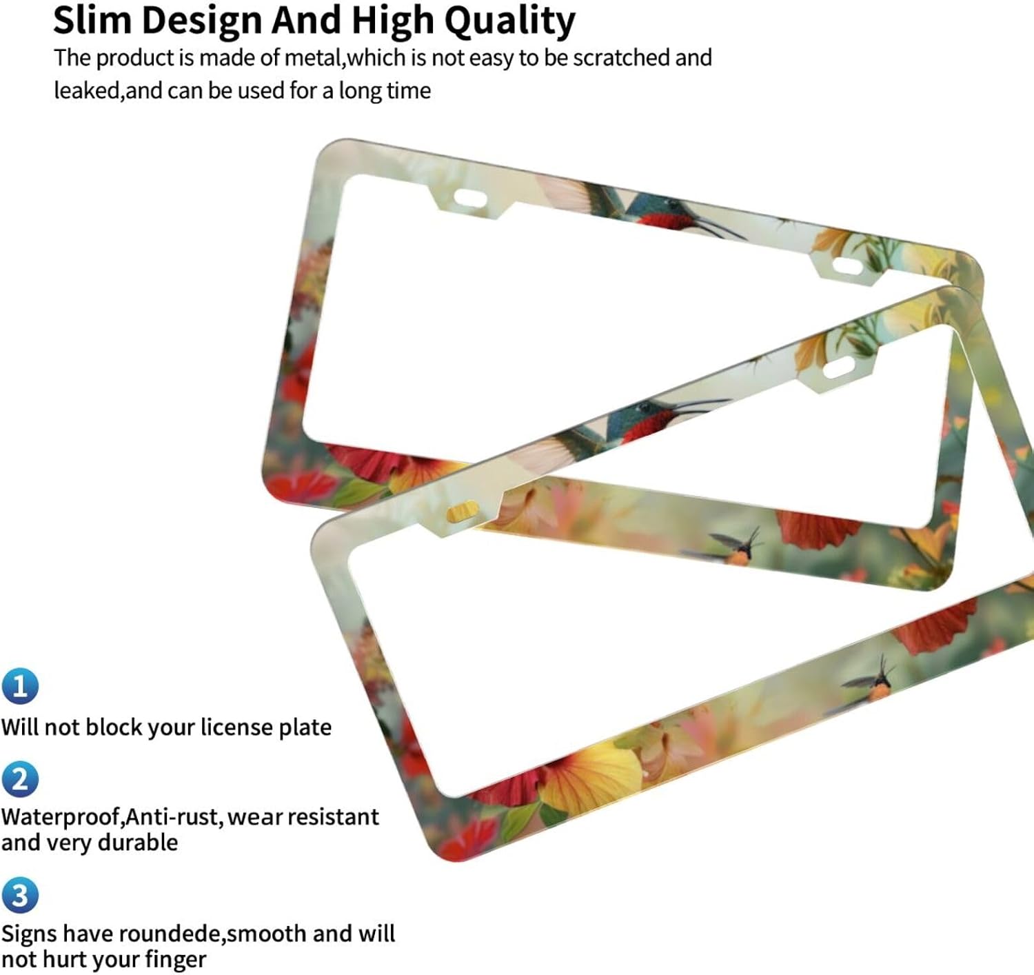 Two Colorful Hummingbirds Flying Matte Aluminum License Plate Frame With Black Screw Caps，2pcs 2 Holes Black Licenses Plates Frames,Car Licenses Plate Covers Holders For Us Vehicles/Women/Men