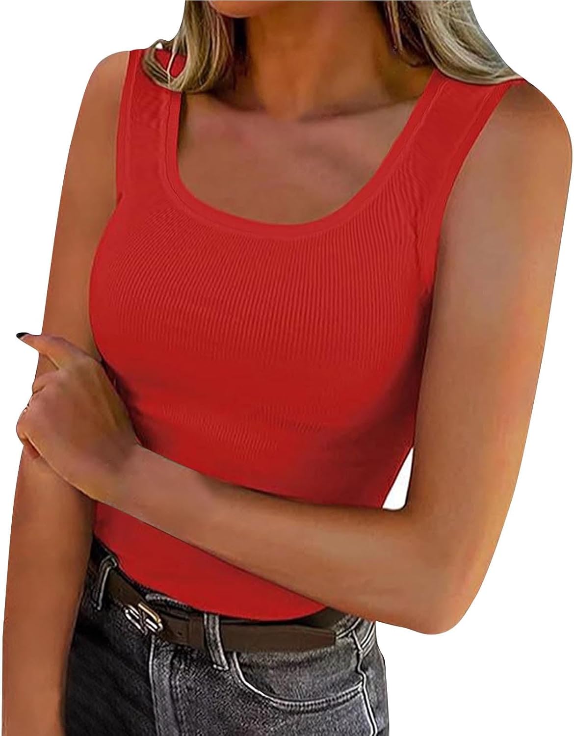 Women Sleeveless Shirt Ribbed Slim Fitted Crop Tank Tops Scoop Neck Y2K Going Out Outfits Summer Workout Cami Shirts
