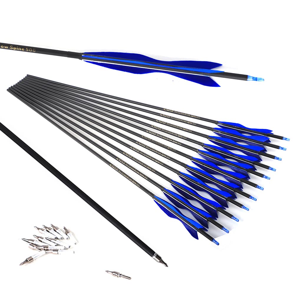 ACCMOS Spine 500 ID 6.2 mm Adults Hunting Arrow 23-30 inch Youths Practice Arrows 5" Elf Turkey Feather Archery Arrow 12 pcs (23inch, blue)