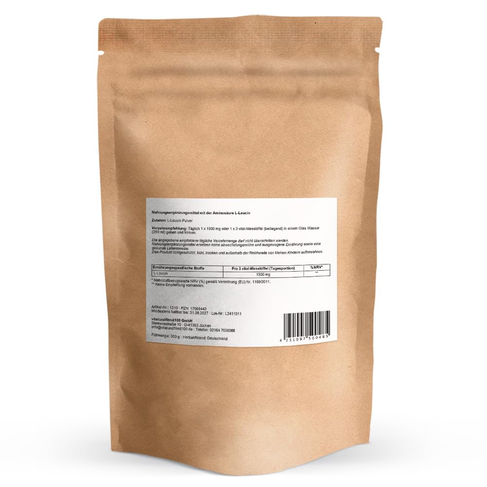 L-Leucin Pulver 300 g - essentielle proteinogene Aminosäure -Fermentationsgewinnung - gentechnikfrei - 100% vegan und rein - glutenfrei/laktosefrei ohne Hilfs- und Zusatzstoffe