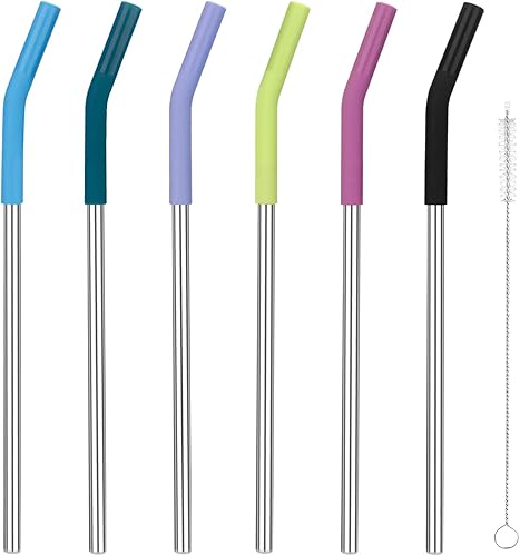 Zenbo Juego de 6 pajitas de metal reutilizables de acero inoxidable con codo de punta flexible de silicona, 6 popotes de acero, 6 puntas de