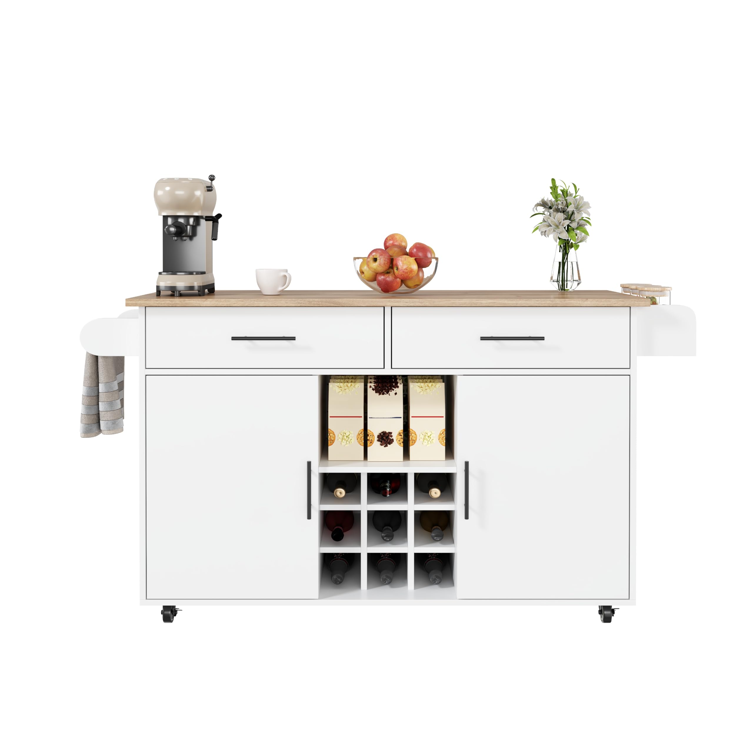 Isola da cucina con piano di lavoro pieghevole, bianco, carrello da cucina arrotolabile con vano portaoggetti, 2 cassetti, scaffale per vino, portaspezie, portasciugamani, design salvaspazio