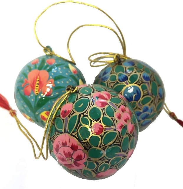 Medium Kashmiri Lacquerware Baubles Christmas Tree Decorations - Beautiful Fair Trade Handpainted - Set of 3 Decorations Mixed Designs