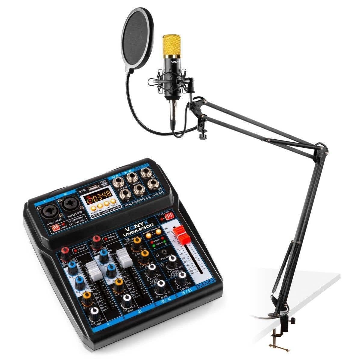 Vonyx Podcast-Starterkit mit USB-Mischpult mit Bluetooth, CMS400B Studiomikrofon, verstellbarem Mikrofonarm und Shockmount.