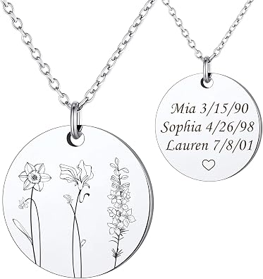 Anavia Multiple Birthday Month Flowers Necklace Connection of Family and Friends, Personalized Engraved Floral Coin Necklace, Customized Birthday Jewelry Gift for Mother New Mom
